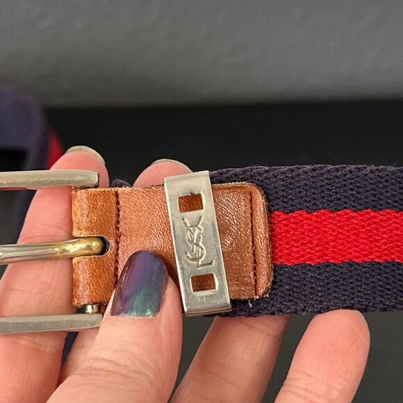Vintage YSL 1980s Womens Surcingle Belt Red Blue Striped Canvas Preppy Ivy 34\